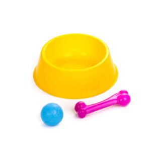 Kit perro adulto (comedero mediano – hueso plástico sabor vainilla mediano – pelota plástico sabor vainilla mediana)